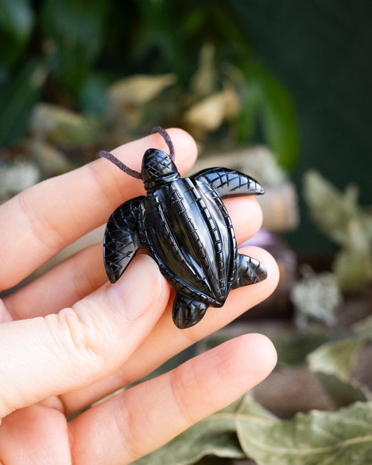 Obsidian Hand Carved Leatherback Sea Turtle Necklace - The Healing Pear