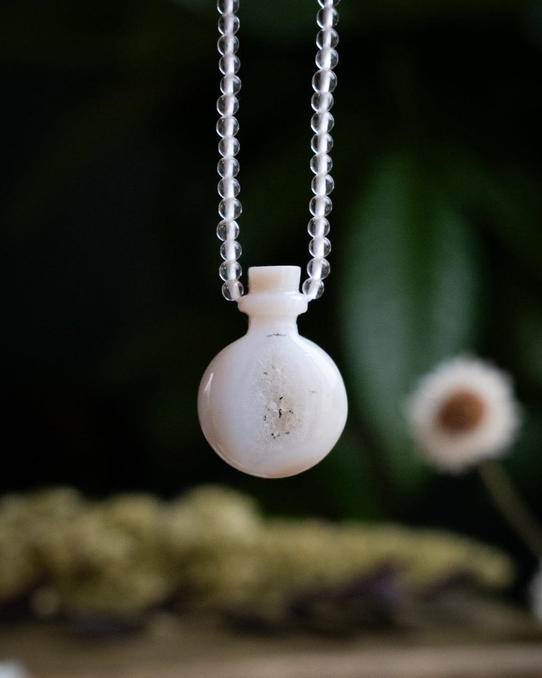 Potion for Clarity: White Druzy Agate & Clear Quartz Beaded Necklace - The Healing Pear