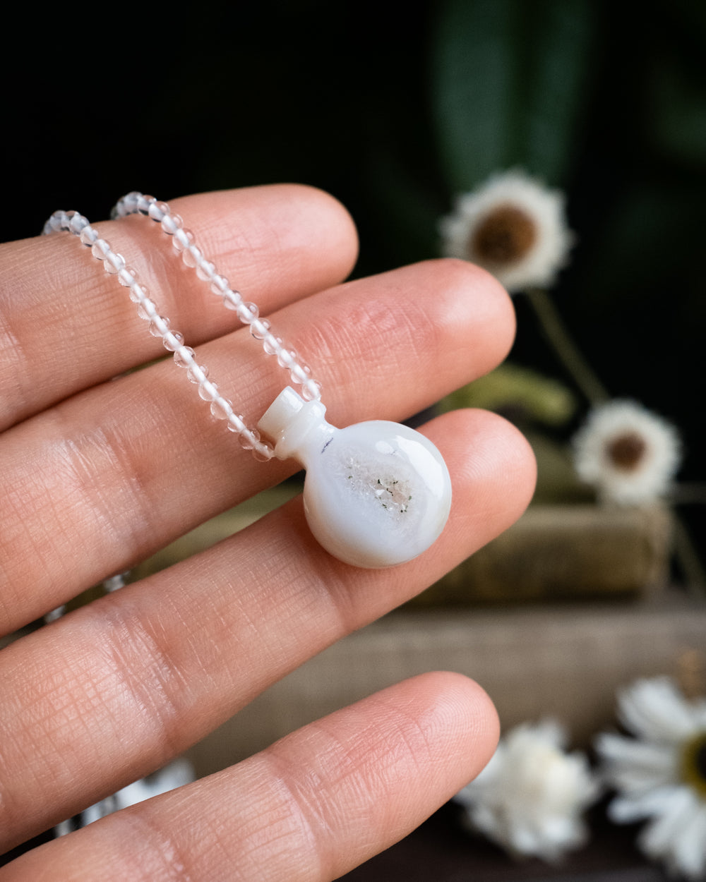 Potion for Clarity: White Druzy Agate & Clear Quartz Beaded Necklace - The Healing Pear