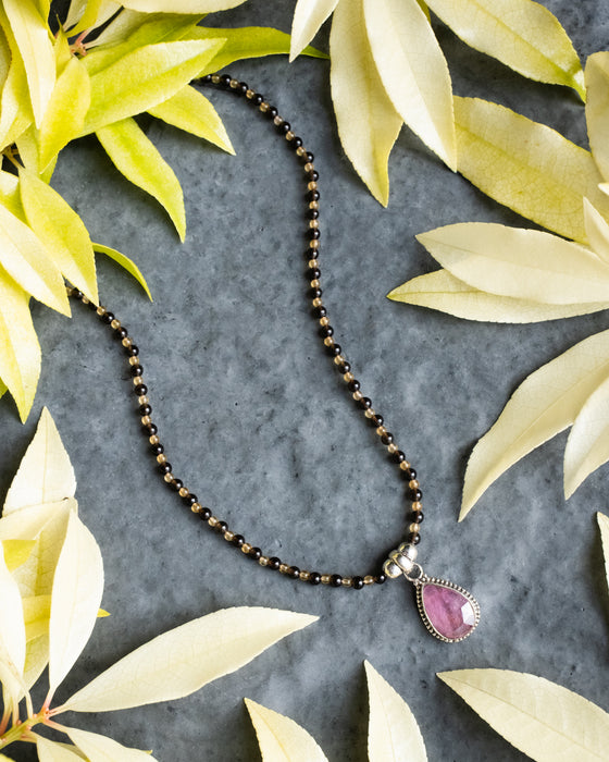 Pink Tourmaline, Natural Citrine & Smoky Quartz Beaded Sterling Silver Necklace