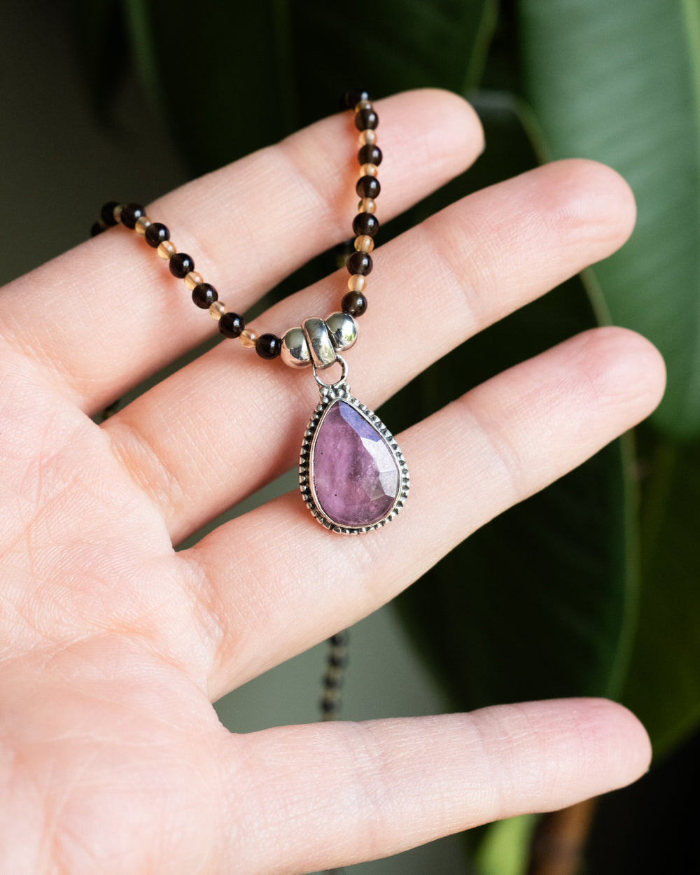 Pink Tourmaline, Natural Citrine & Smoky Quartz Beaded Sterling Silver Necklace - The Healing Pear