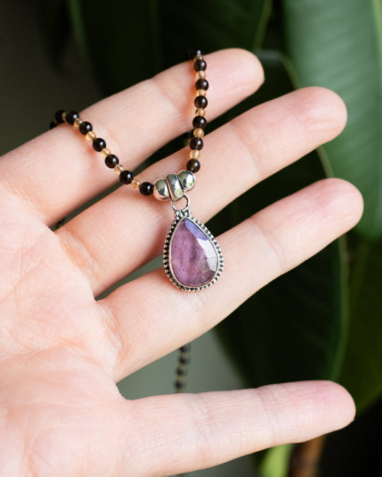 Pink Tourmaline, Natural Citrine &amp; Smoky Quartz Beaded Sterling Silver Necklace - The Healing Pear