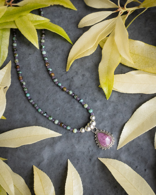 Pink Tourmaline, African Turquoise &amp; Amethyst Beaded Sterling Silver Necklace - The Healing Pear