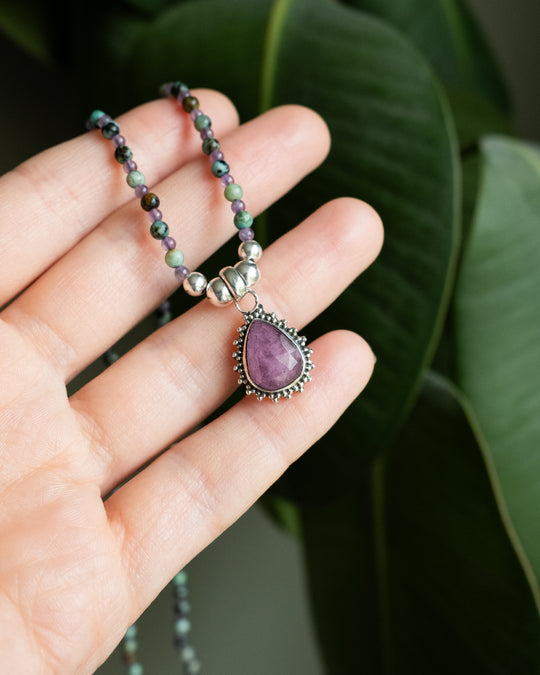 Pink Tourmaline, African Turquoise &amp; Amethyst Beaded Sterling Silver Necklace - The Healing Pear