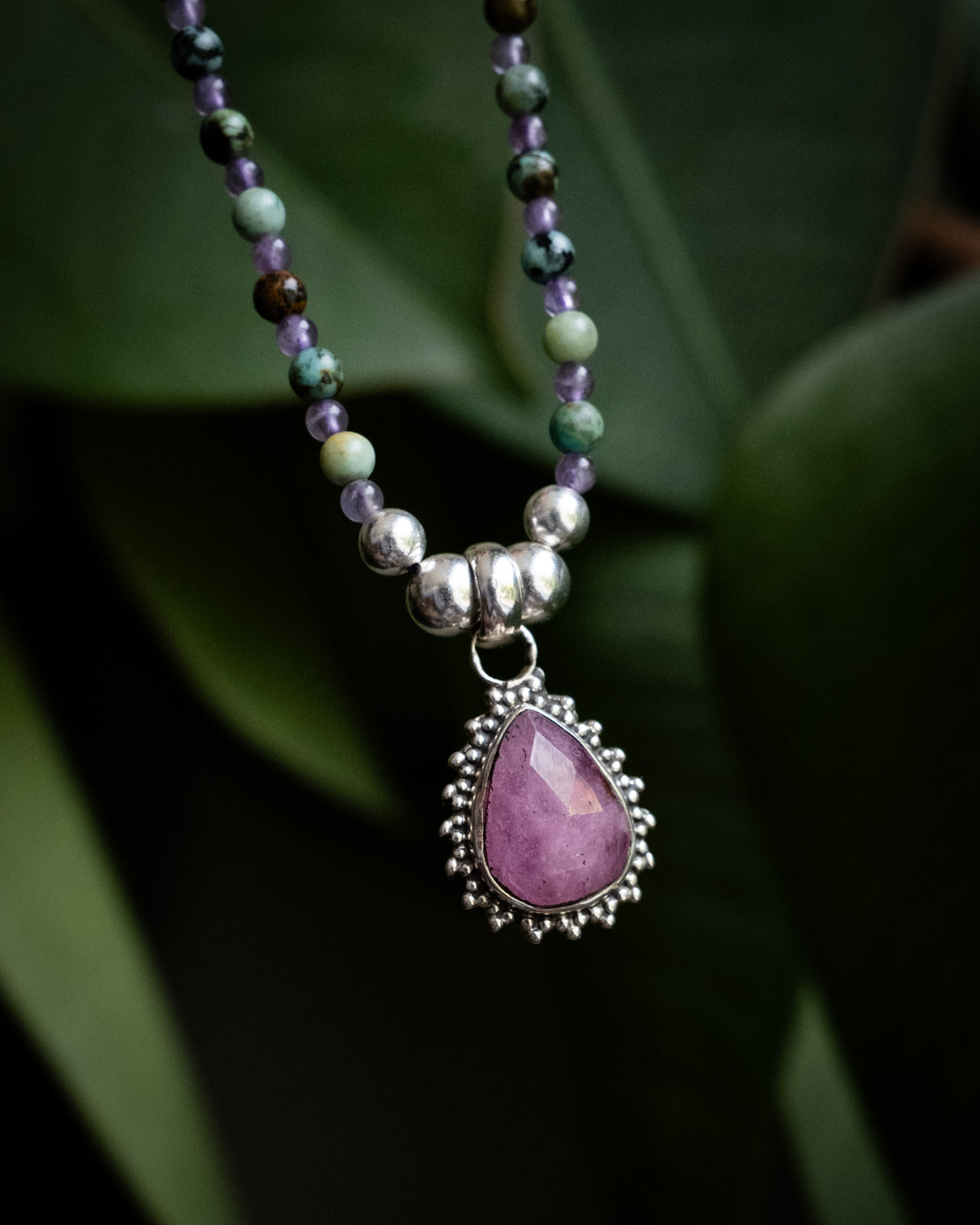 Pink Tourmaline, African Turquoise & Amethyst Beaded Sterling Silver Necklace - The Healing Pear