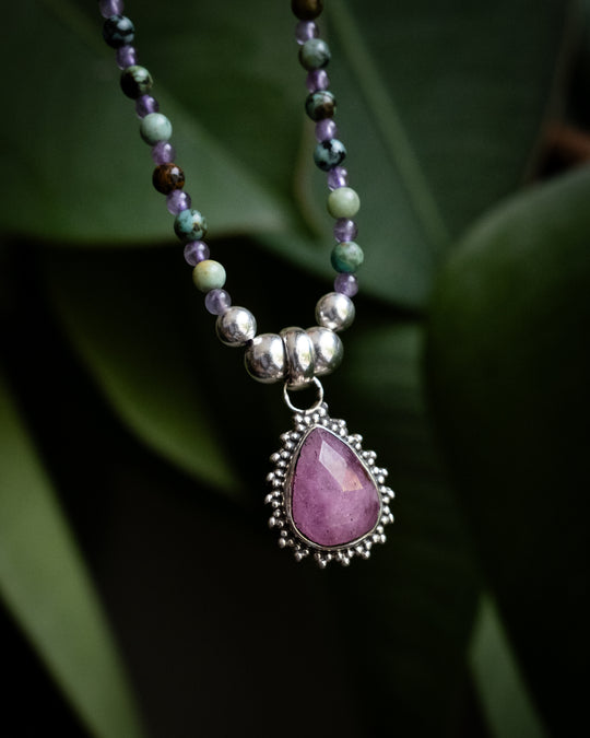 Pink Tourmaline, African Turquoise &amp; Amethyst Beaded Sterling Silver Necklace - The Healing Pear
