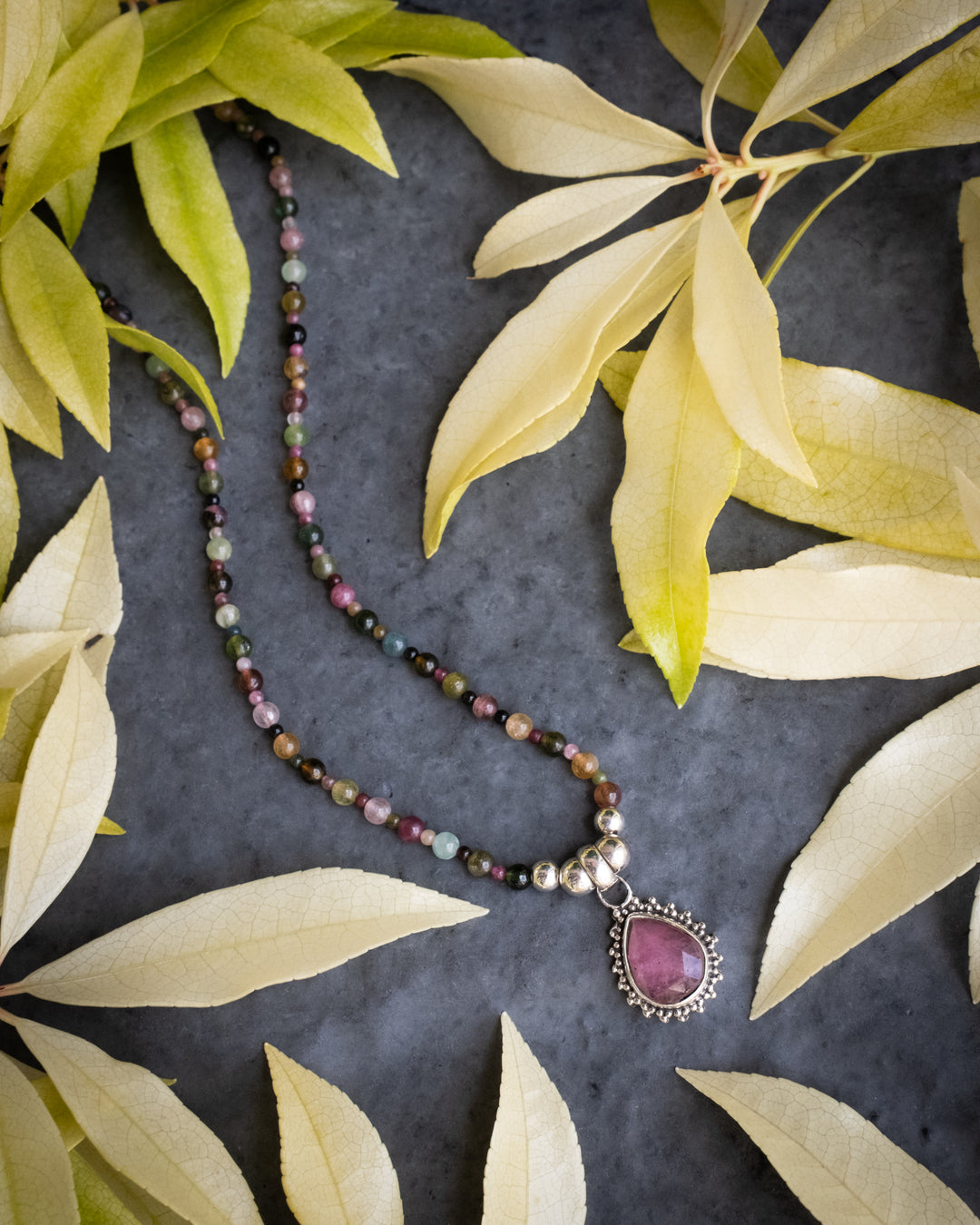 Pink Tourmaline & Multi Tourmaline Beaded Sterling Silver Necklace - The Healing Pear