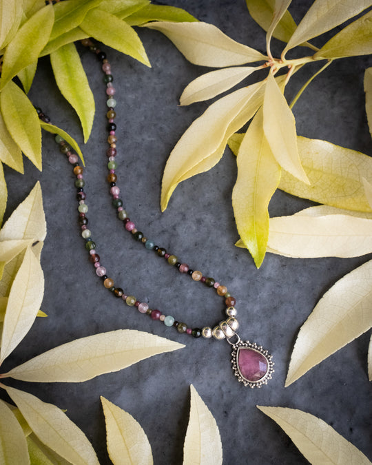 Pink Tourmaline &amp; Multi Tourmaline Beaded Sterling Silver Necklace - The Healing Pear