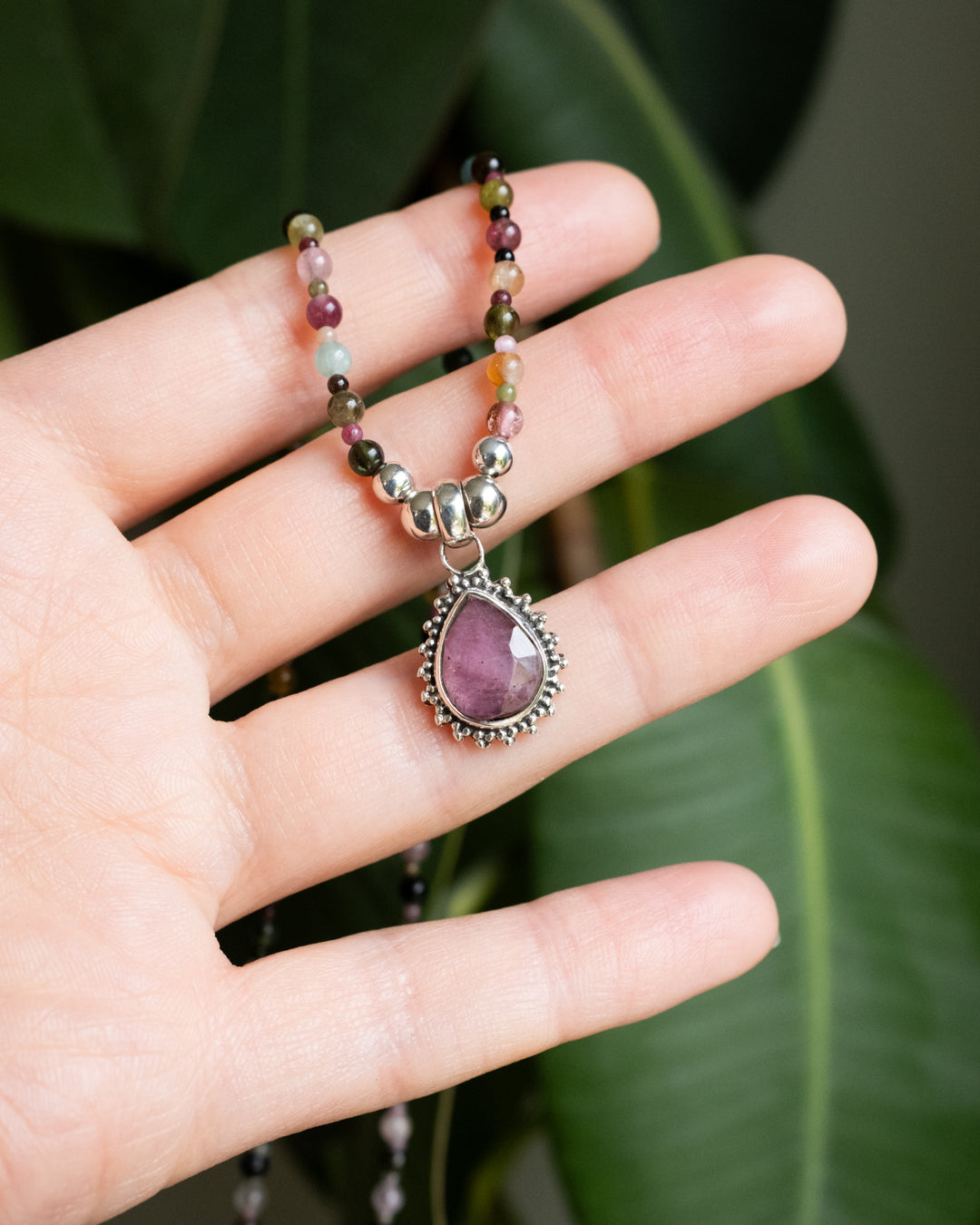 Pink Tourmaline &amp; Multi Tourmaline Beaded Sterling Silver Necklace - The Healing Pear
