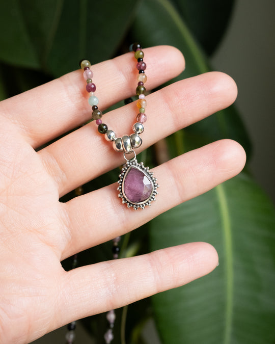 Pink Tourmaline &amp; Multi Tourmaline Beaded Sterling Silver Necklace - The Healing Pear