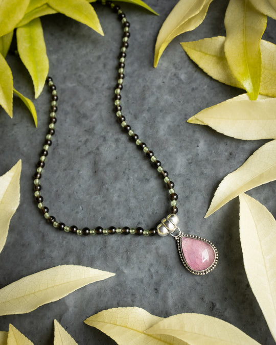 Pink Tourmaline, Smoky Quartz &amp; Peridot Beaded Sterling Silver Necklace - The Healing Pear