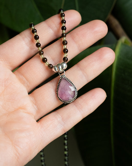 Pink Tourmaline, Smoky Quartz &amp; Peridot Beaded Sterling Silver Necklace - The Healing Pear