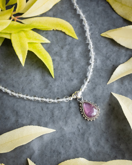 Pink Tourmaline &amp; Clear Quartz Beaded Sterling Silver Necklace - The Healing Pear