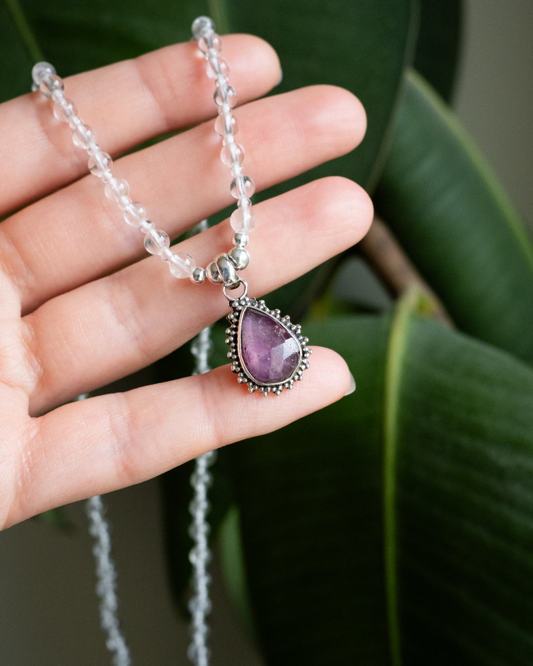 Pink Tourmaline &amp; Clear Quartz Beaded Sterling Silver Necklace - The Healing Pear