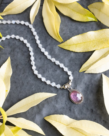 Pink Tourmaline & Moonstone Beaded Sterling Silver Necklace