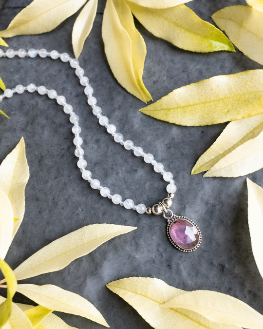 Pink Tourmaline &amp; Moonstone Beaded Sterling Silver Necklace - The Healing Pear
