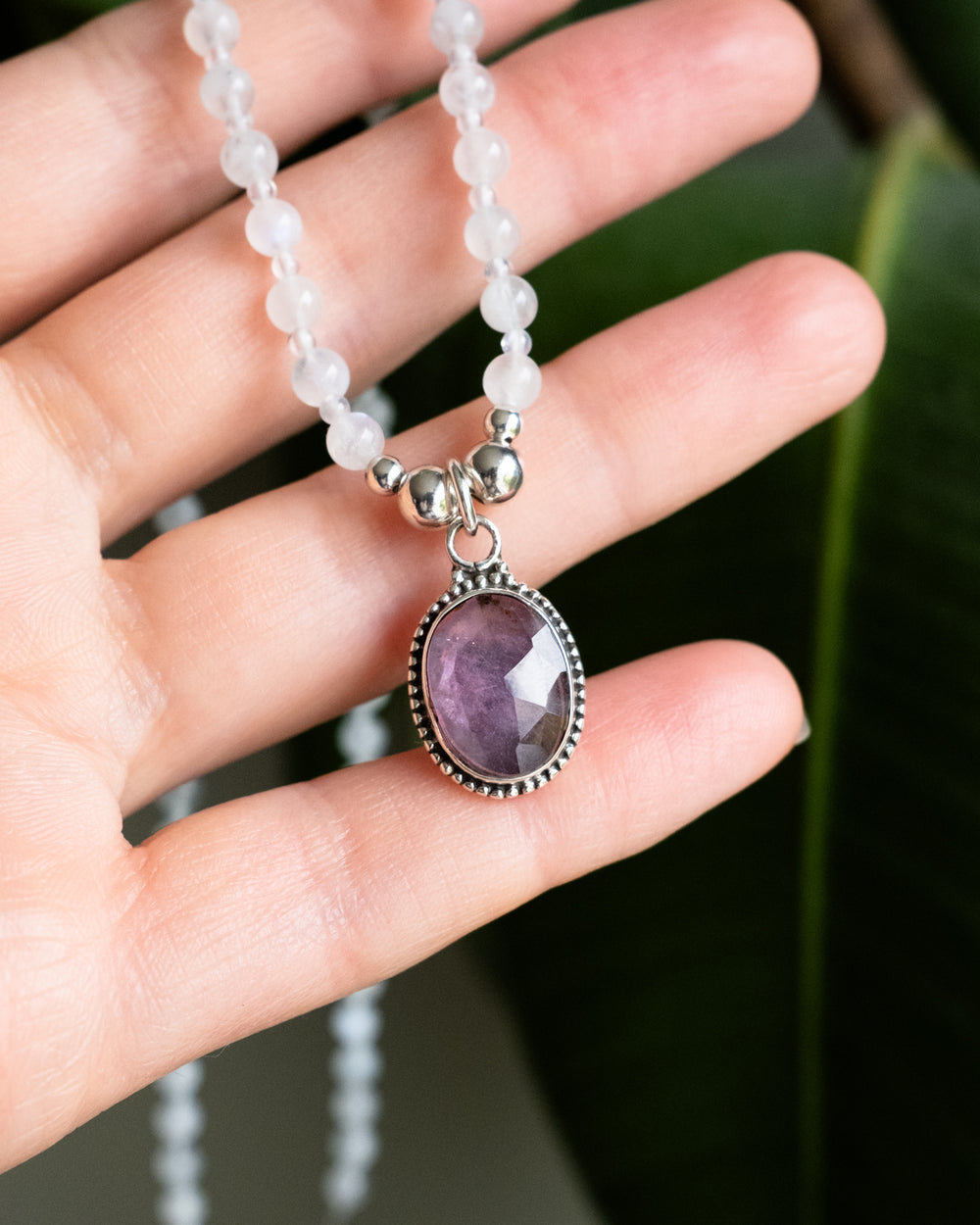 Pink Tourmaline & Moonstone Beaded Sterling Silver Necklace - The Healing Pear