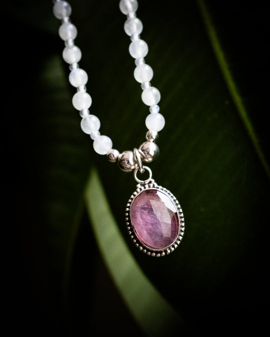 Pink Tourmaline &amp; Moonstone Beaded Sterling Silver Necklace - The Healing Pear