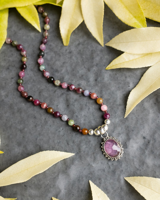 Pink Tourmaline, Multi Tourmaline &amp; Garnet Beaded Sterling Silver Necklace - The Healing Pear