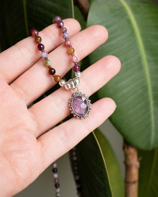 Pink Tourmaline, Multi Tourmaline &amp; Garnet Beaded Sterling Silver Necklace - The Healing Pear