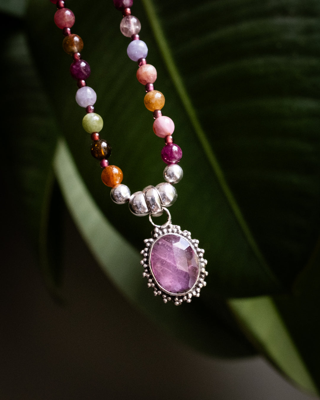 Pink Tourmaline, Multi Tourmaline & Garnet Beaded Sterling Silver Necklace - The Healing Pear