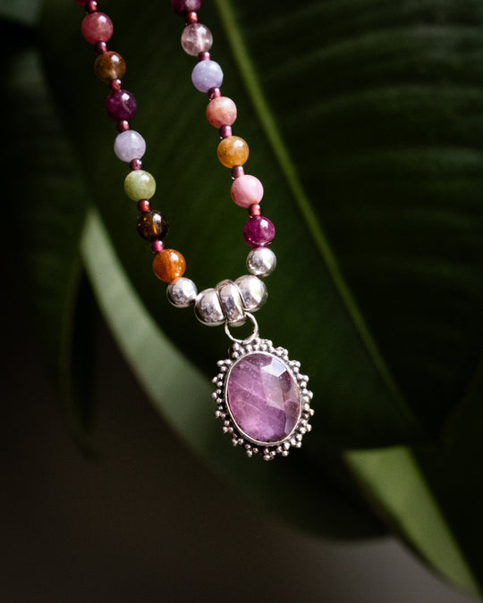 Pink Tourmaline, Multi Tourmaline &amp; Garnet Beaded Sterling Silver Necklace - The Healing Pear