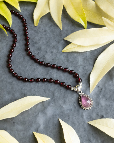 Pink Tourmaline, Garnet & Smoky Quartz Beaded Sterling Silver Necklace