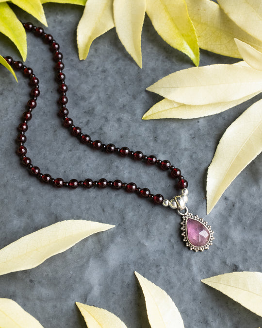 Pink Tourmaline, Garnet &amp; Smoky Quartz Beaded Sterling Silver Necklace - The Healing Pear