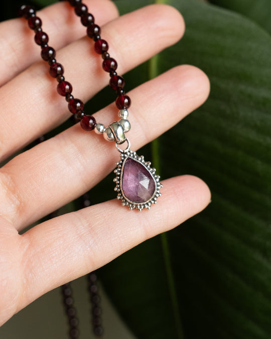 Pink Tourmaline, Garnet &amp; Smoky Quartz Beaded Sterling Silver Necklace - The Healing Pear