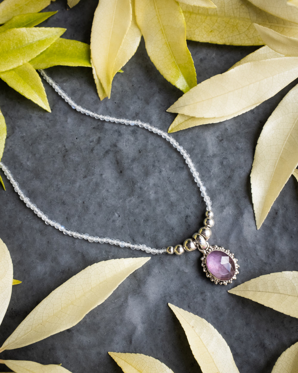 Pink Tourmaline & Moonstone Beaded Sterling Silver Necklace - The Healing Pear