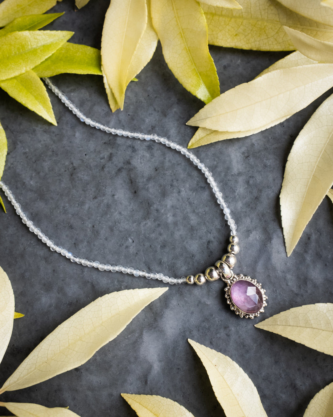 Pink Tourmaline &amp; Moonstone Beaded Sterling Silver Necklace - The Healing Pear