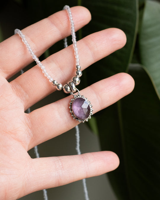 Pink Tourmaline &amp; Moonstone Beaded Sterling Silver Necklace - The Healing Pear