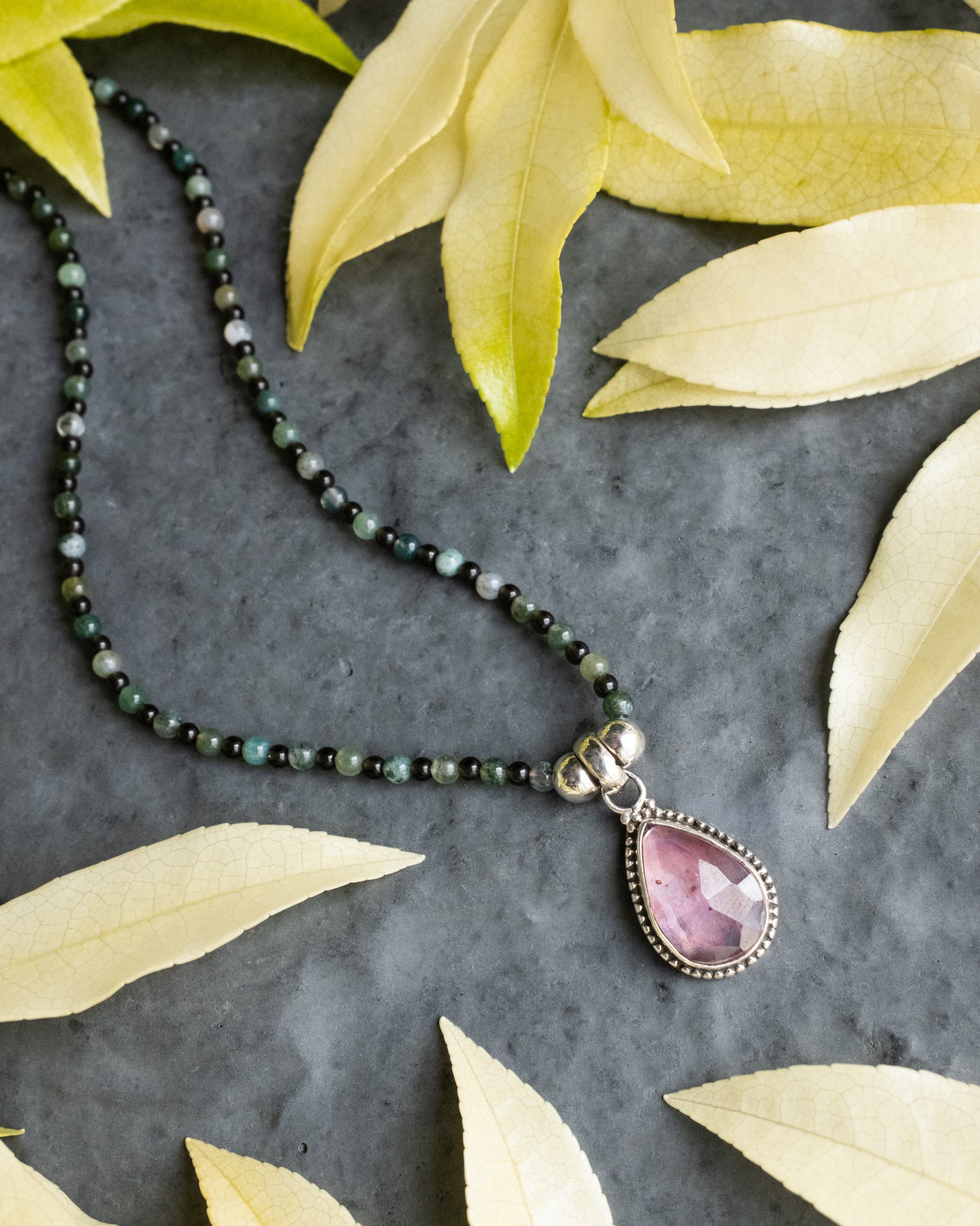 Pink Tourmaline, Moss Agate & Smoky Quartz Beaded Sterling Silver