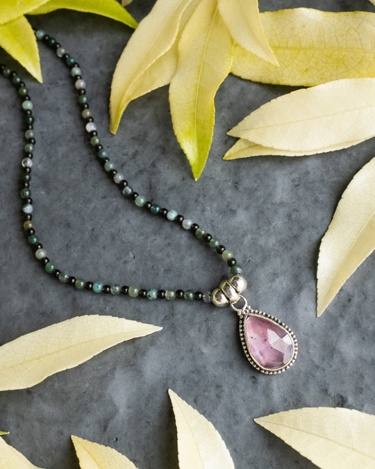 Pink Tourmaline, Moss Agate &amp; Smoky Quartz Beaded Sterling Silver Necklace - The Healing Pear