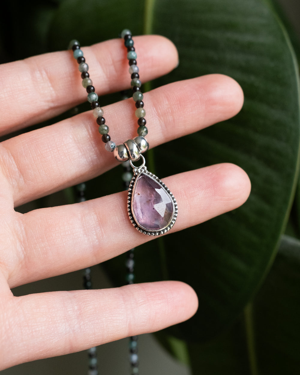 Pink Tourmaline, Moss Agate & Smoky Quartz Beaded Sterling Silver Necklace - The Healing Pear