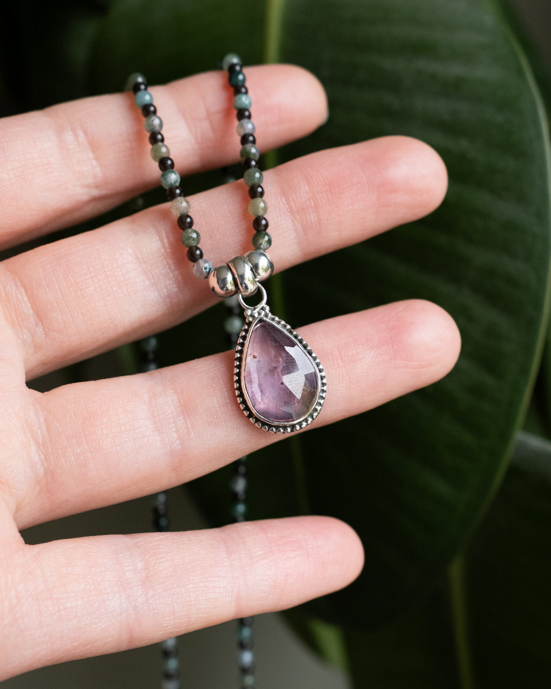 Pink Tourmaline, Moss Agate &amp; Smoky Quartz Beaded Sterling Silver Necklace - The Healing Pear