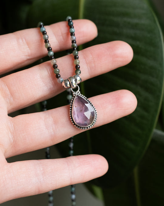 Pink Tourmaline, Moss Agate &amp; Smoky Quartz Beaded Sterling Silver Necklace - The Healing Pear