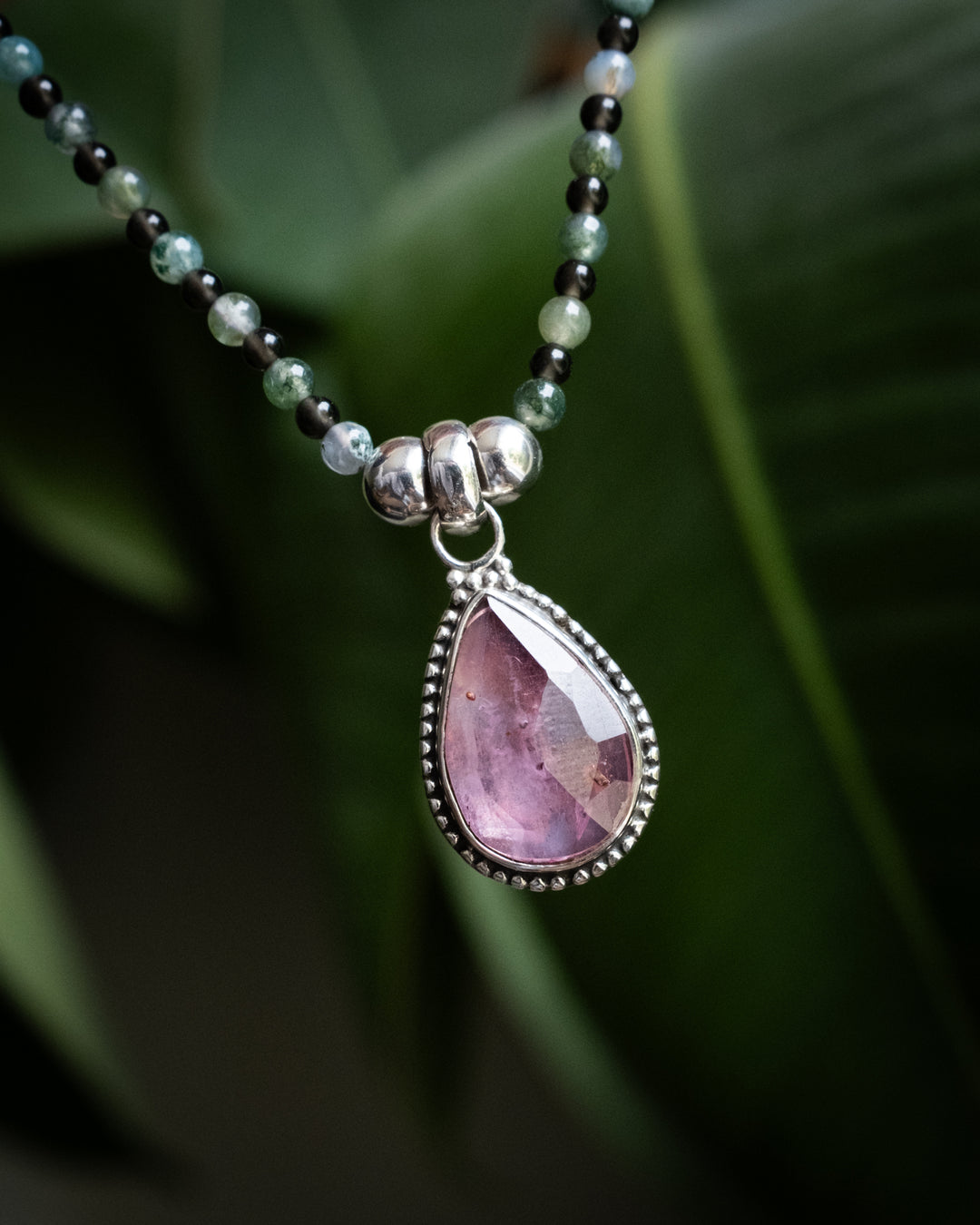 Pink Tourmaline, Moss Agate &amp; Smoky Quartz Beaded Sterling Silver Necklace - The Healing Pear