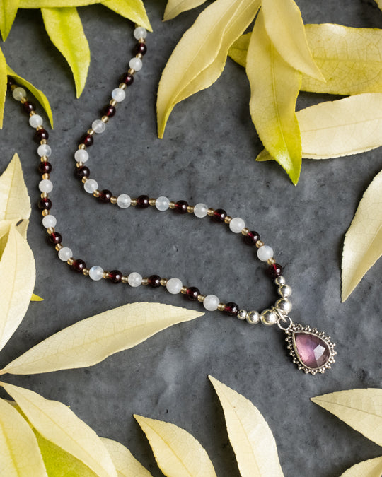 Pink Tourmaline, Moonstone, Garnet &amp; Natural Citrine Beaded Sterling Silver Necklace - The Healing Pear
