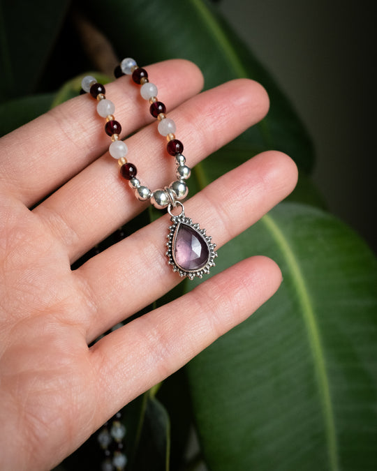 Pink Tourmaline, Moonstone, Garnet &amp; Natural Citrine Beaded Sterling Silver Necklace - The Healing Pear