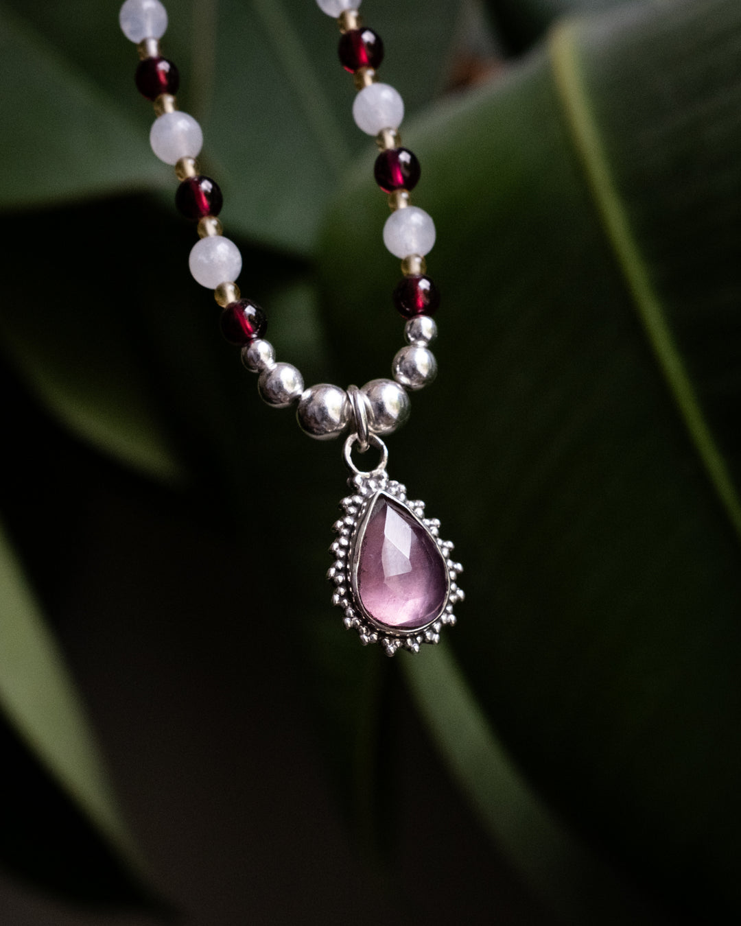 Pink Tourmaline, Moonstone, Garnet & Natural Citrine Beaded Sterling Silver Necklace - The Healing Pear