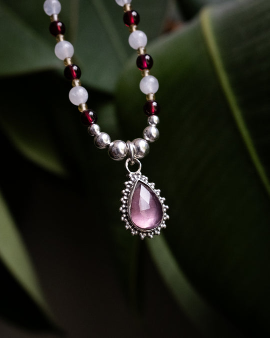 Pink Tourmaline, Moonstone, Garnet &amp; Natural Citrine Beaded Sterling Silver Necklace - The Healing Pear
