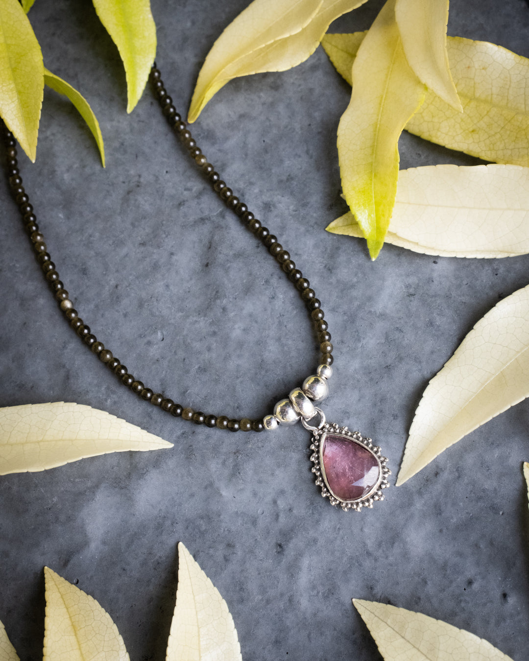 Pink Tourmaline & Gold Sheen Obsidian Beaded Sterling Silver Necklace - The Healing Pear