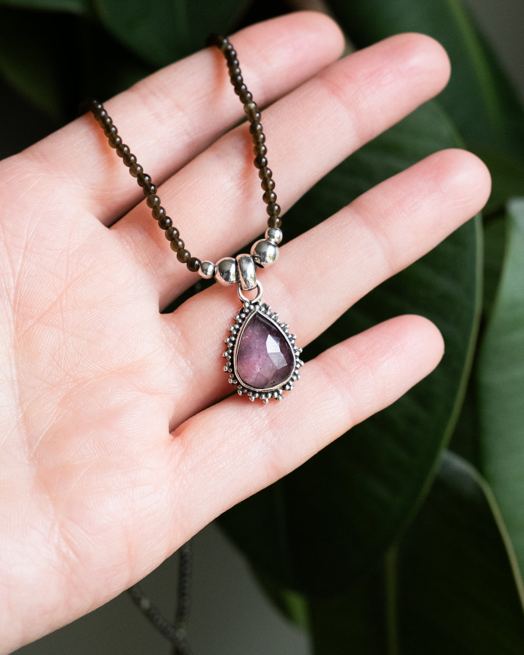 Pink Tourmaline &amp; Gold Sheen Obsidian Beaded Sterling Silver Necklace - The Healing Pear