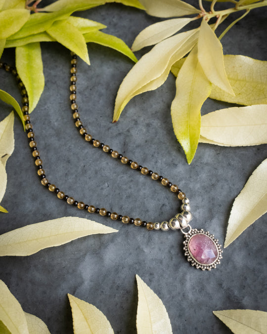 Pink Tourmaline, Natural Citrine &amp; Smoky Quartz Beaded Sterling Silver Necklace - The Healing Pear