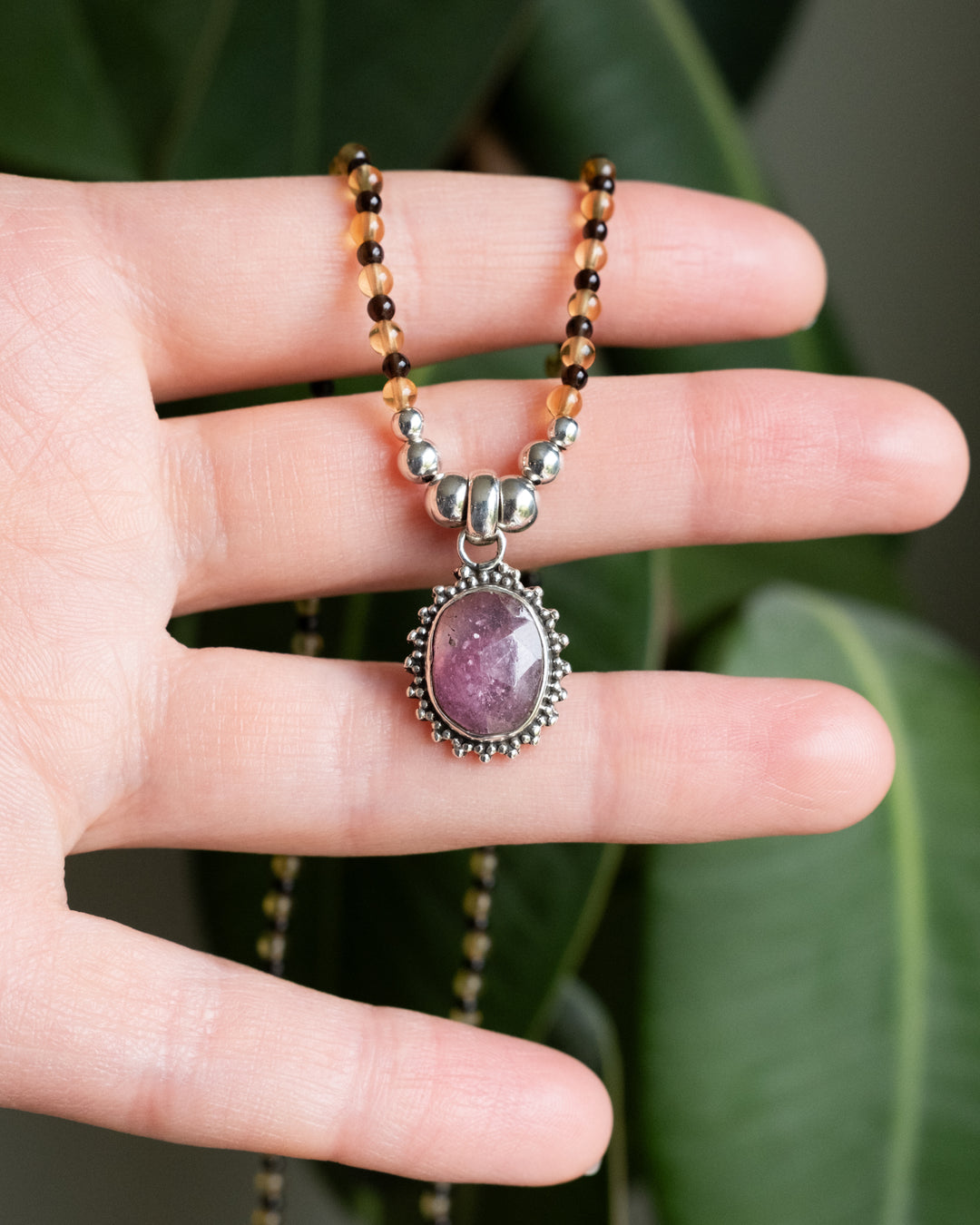 Pink Tourmaline, Natural Citrine &amp; Smoky Quartz Beaded Sterling Silver Necklace - The Healing Pear