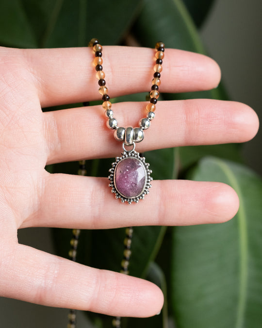 Pink Tourmaline, Natural Citrine &amp; Smoky Quartz Beaded Sterling Silver Necklace - The Healing Pear