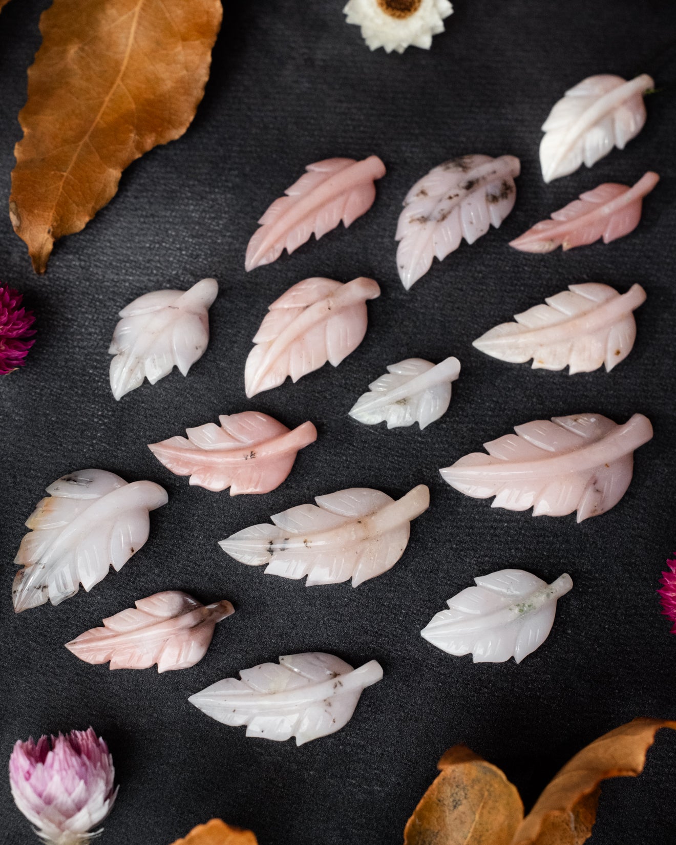 Peruvian Pink Opal Hand Carved Vegan Silk Leaf Necklace - The Healing Pear