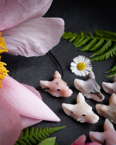 Small Pink Opal Hand Carved Wolf Necklace