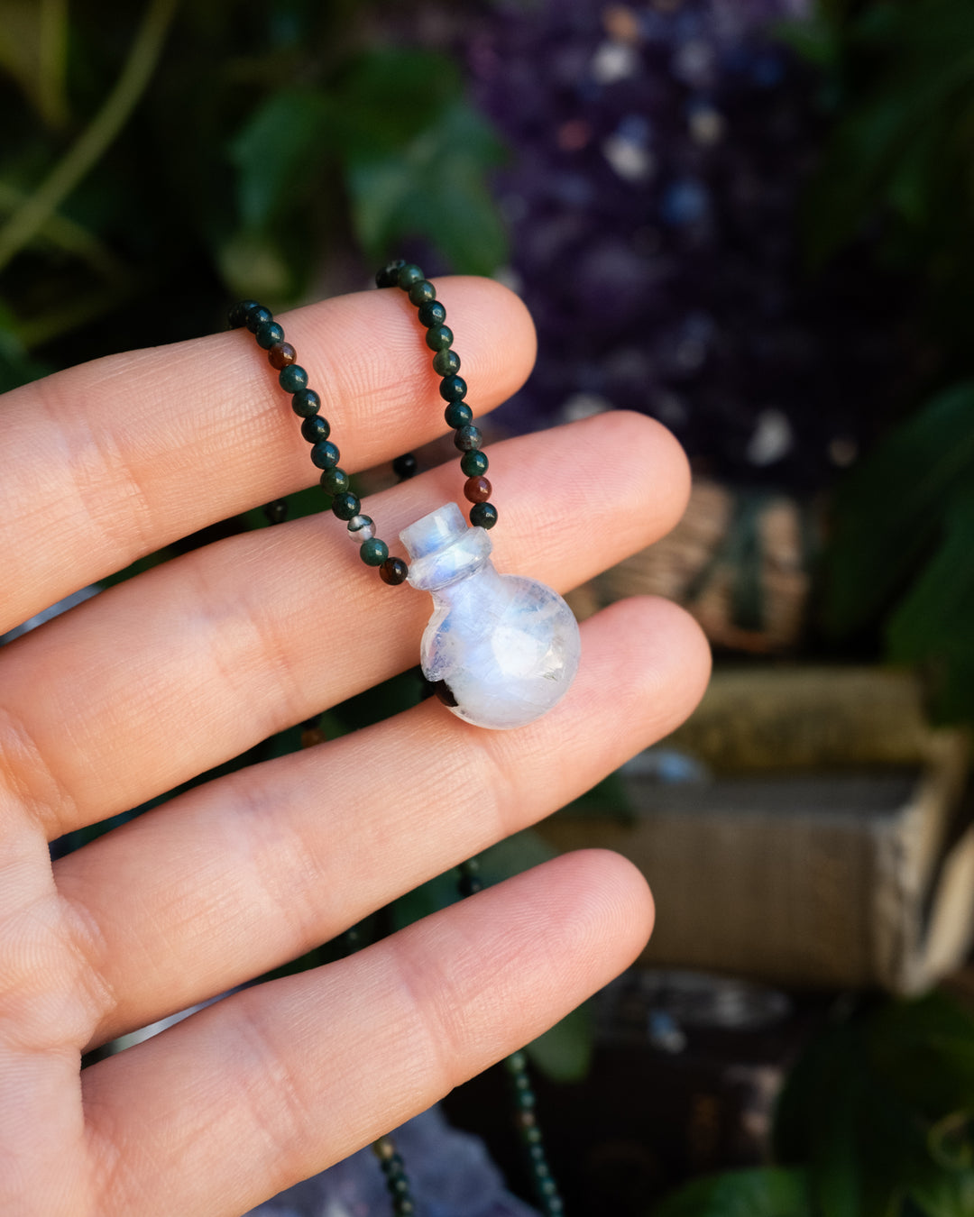 Potion for Balance: Rainbow Moonstone & Bloodstone Beaded Necklace - The Healing Pear
